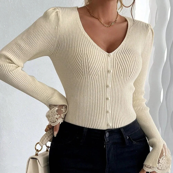 Beige Casual Women's Lace Patchwork V-Neck Fitted Knit Sweater - Picture 6 of 8